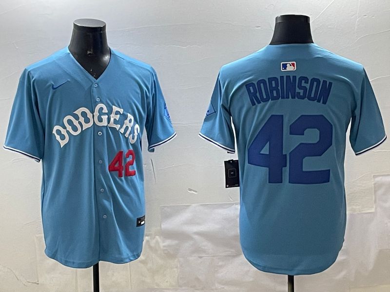 Men Los Angeles Dodgers 42 Robinson Light Blue Joint Name 2025 Nike MLB Jersey style 8
